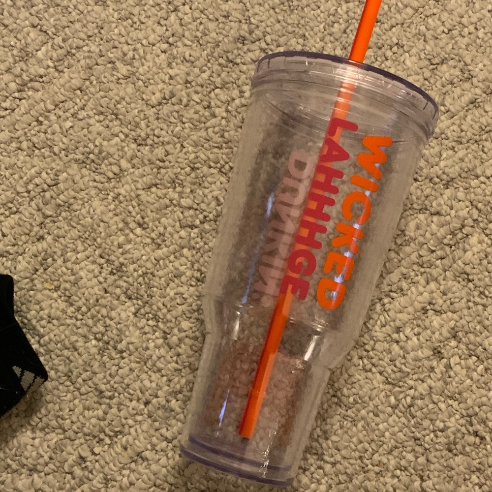 DUNKIN. Wicked Lahhhge Clear Tumbler with Orange Straw